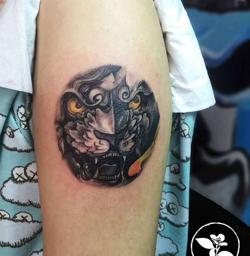 唐狮纹身图片_成品手臂传统动物纹身图案