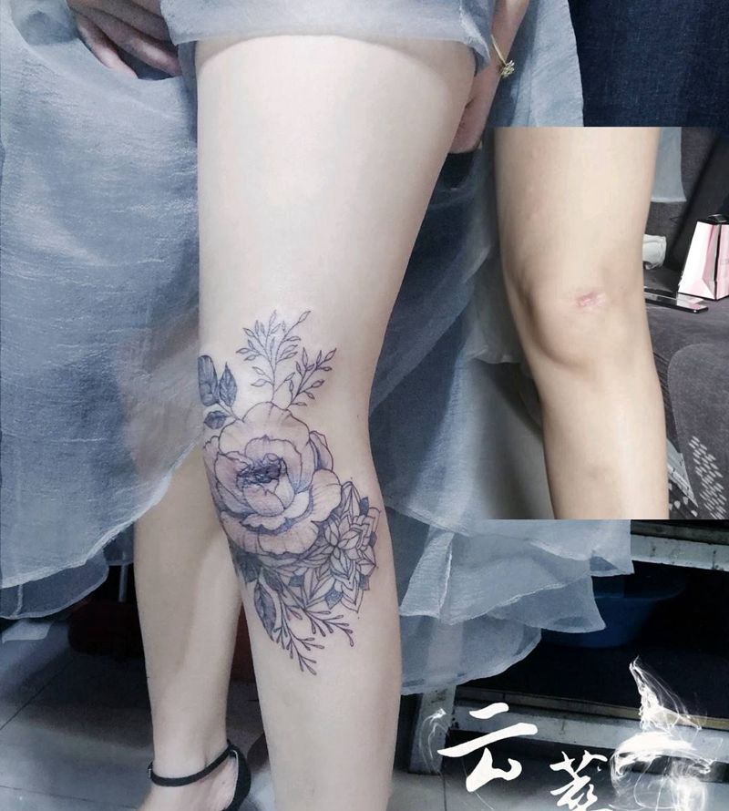 素花遮盖纹身图片_腿部清新植物成品纹身图案