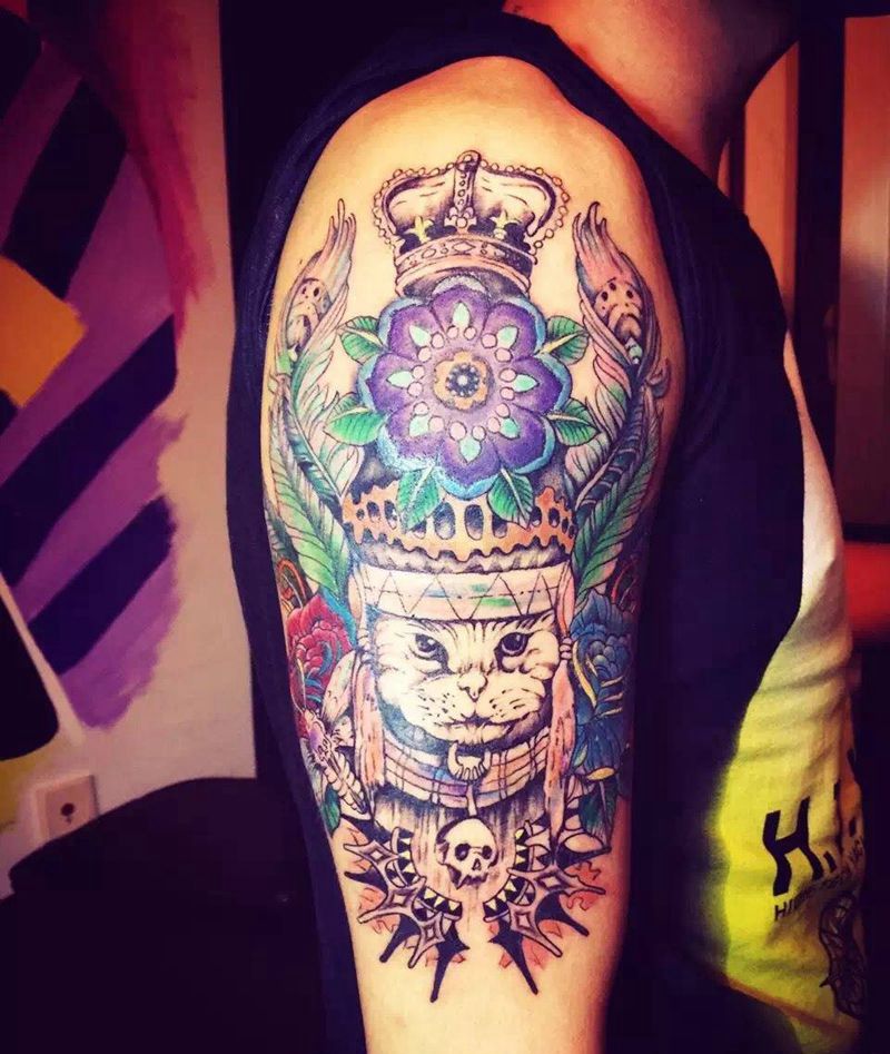 印第安风格猫咪纹身图片_手臂成品欧美动物纹身图案