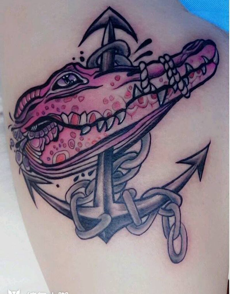 大鳄纹身图片_腿部脚部Old School水彩纹身图案