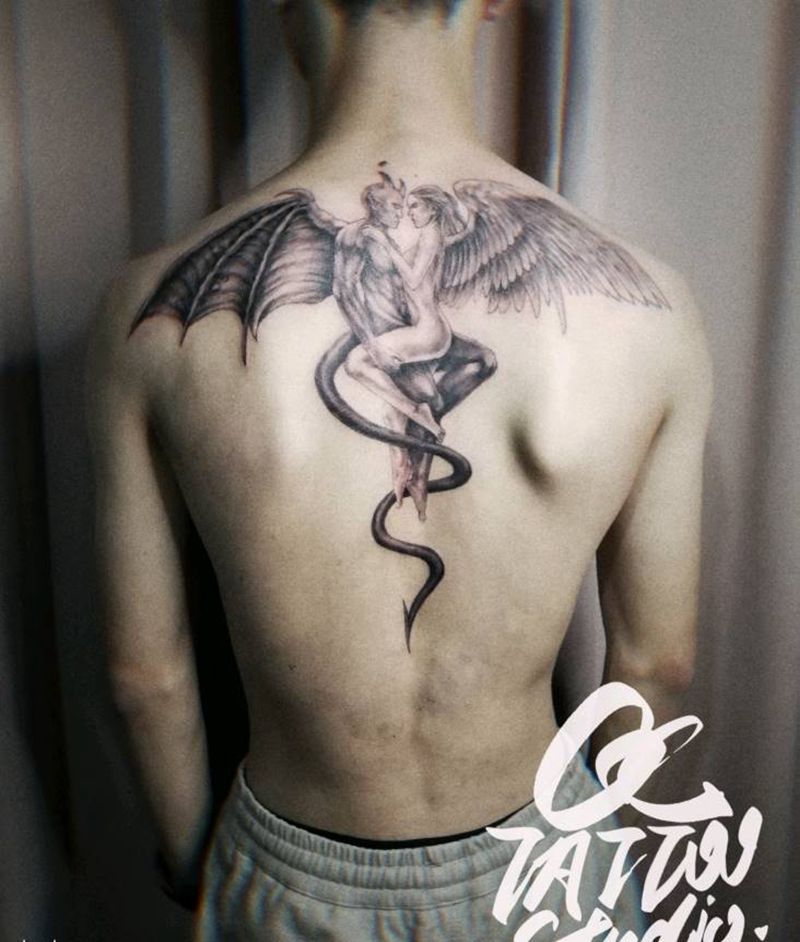 天使魔鬼纹身图片_背部纹身图案