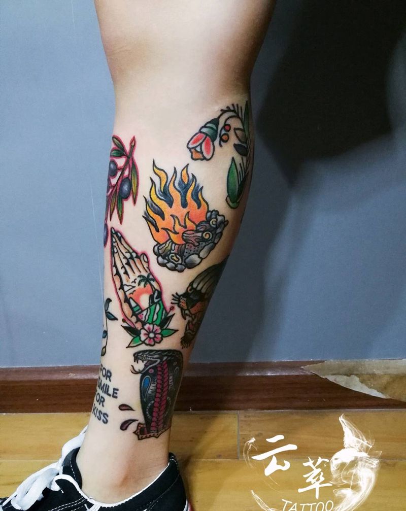 os小腿拼接纹身图片_腿部欧美成品纹身图案