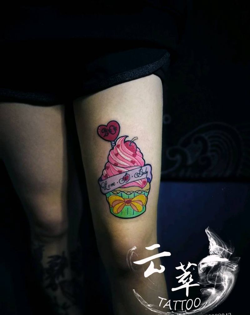 蛋糕纹身图片_腿部New School纹身图案