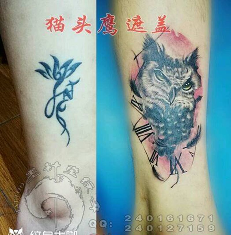 水墨猫头鹰遮盖纹身图片