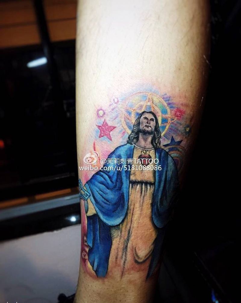 彩色耶稣纹身图片_成品腿部欧美人物宗教插花纹身图案