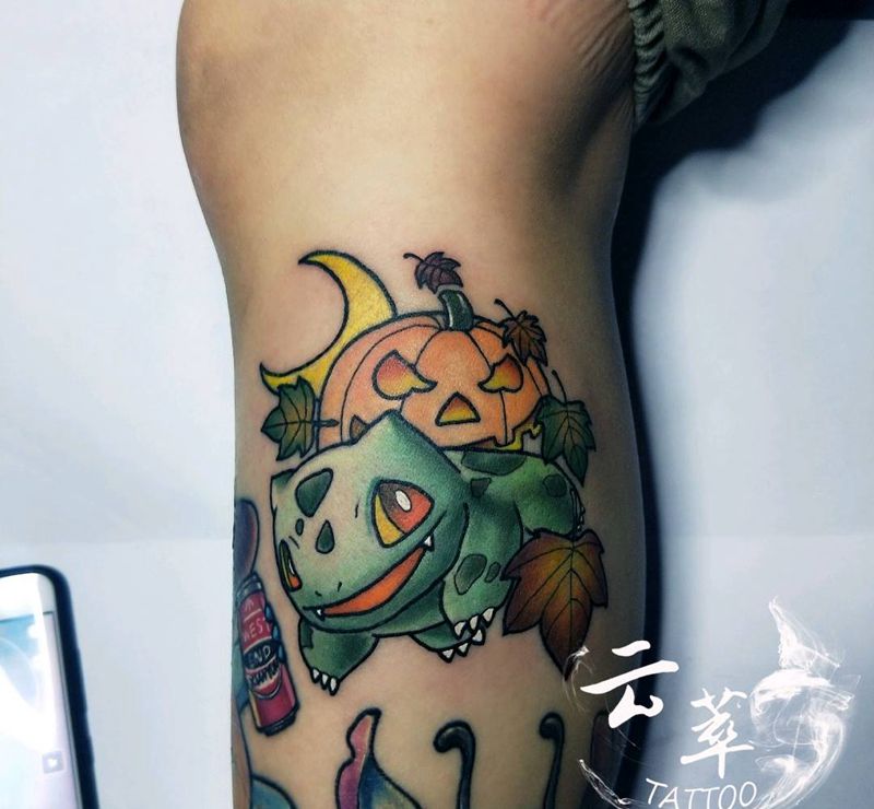 妙蛙种子纹身图片_腿部New School纹身图案