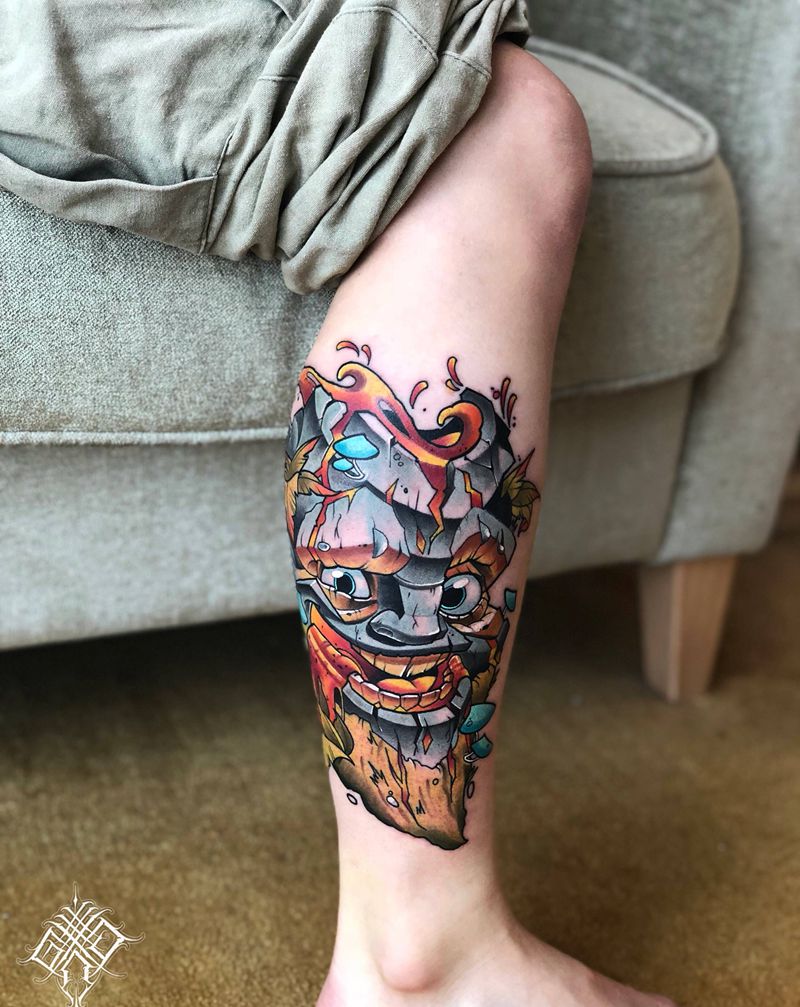 New school纹身图片_腿部New School鬼绣纹身图案