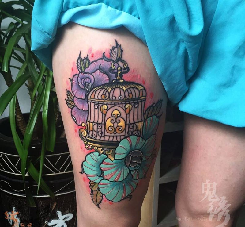 New school纹身图片_成品腿部欧美植物纹身图案