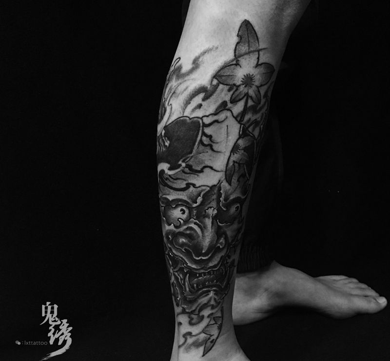 般若纹身图片_成品腿部传统人物刺青纹身图案