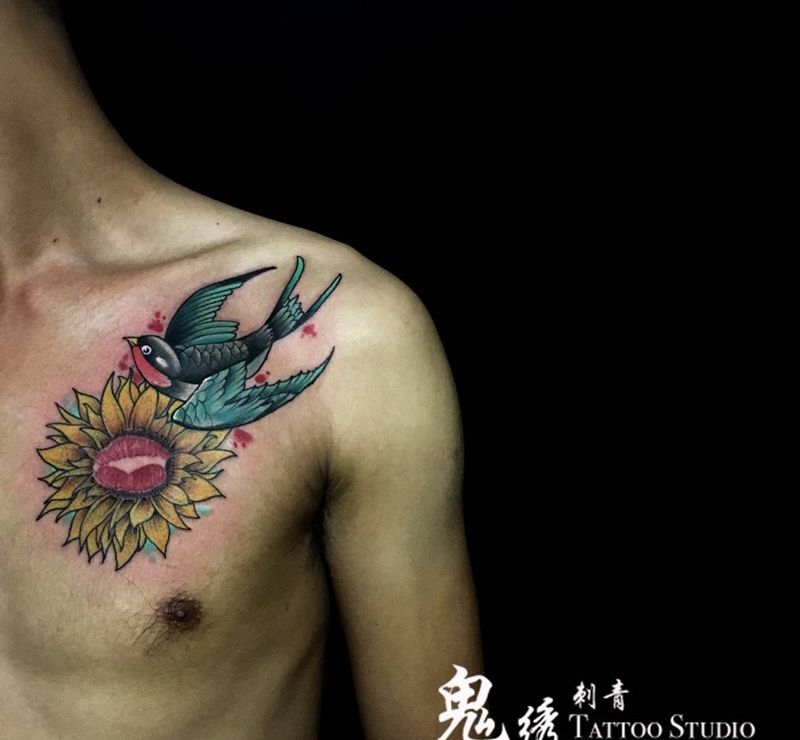 向阳花纹身图片_成品胸部欧美清新原创刺青纹身图案