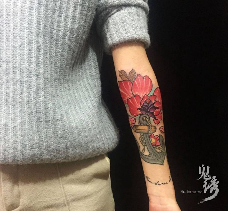 New school纹身图片_成品手臂欧美植物原创刺青纹身图案
