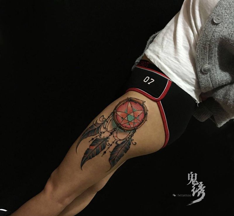 捕梦网纹身图片_成品腿部清新宗教刺青纹身图案