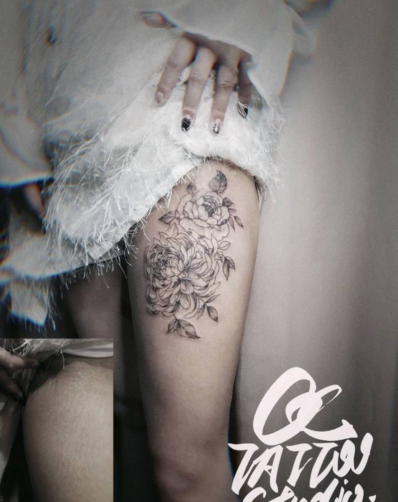 素花遮盖纹身图片_腿部点刺纹身图案