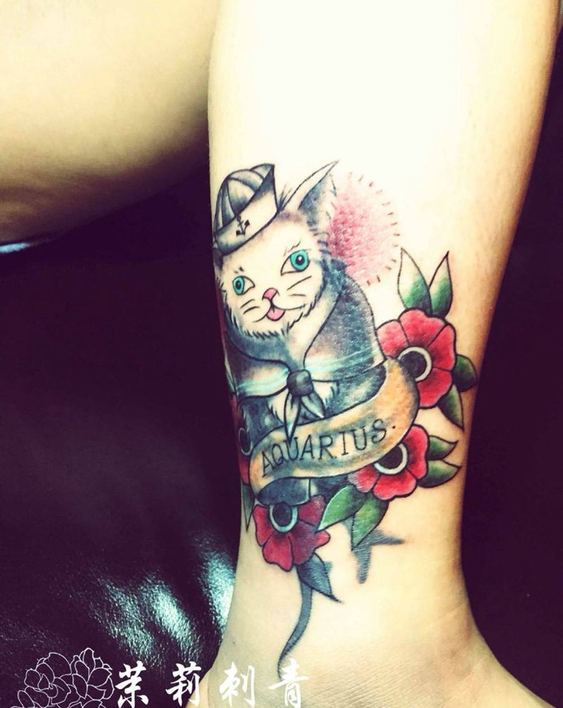 猫遮盖纹身图片_成品手稿腿部欧美动物原创纹身图案