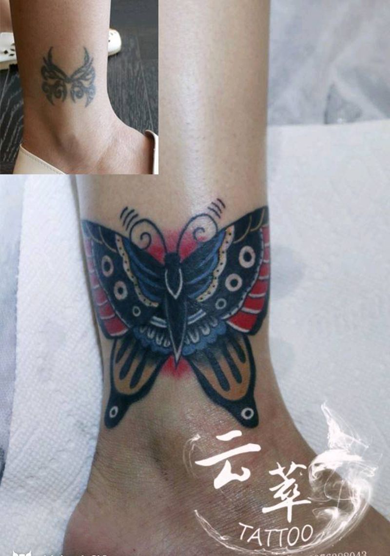 遮盖纹身图片_脚部Old School纹身图案