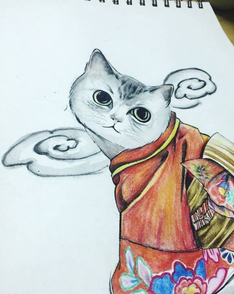 和风 猫咪纹身图片_手稿手臂胸部腿部清新欧美动物和风纹身图案