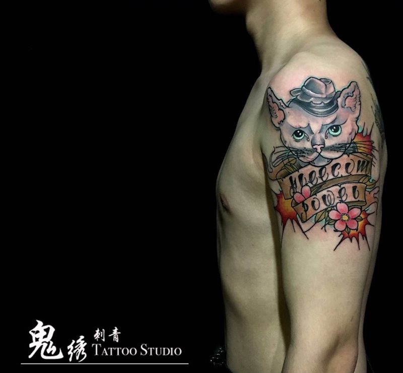 猫妖纹身图片_成品手臂欧美动物刺青纹身图案