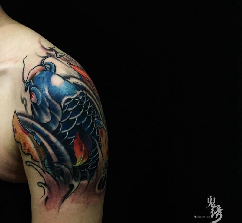鲤鱼纹身图片_成品手臂传统动物刺青纹身图案