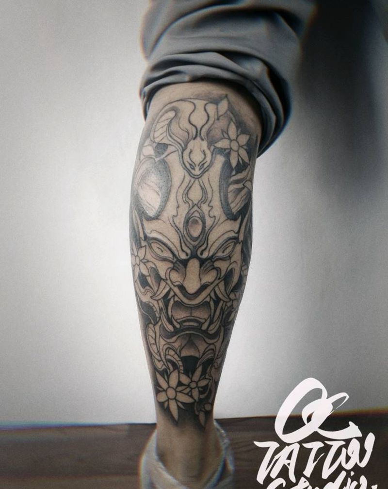 般若纹身图片_腿部New School纹身图案