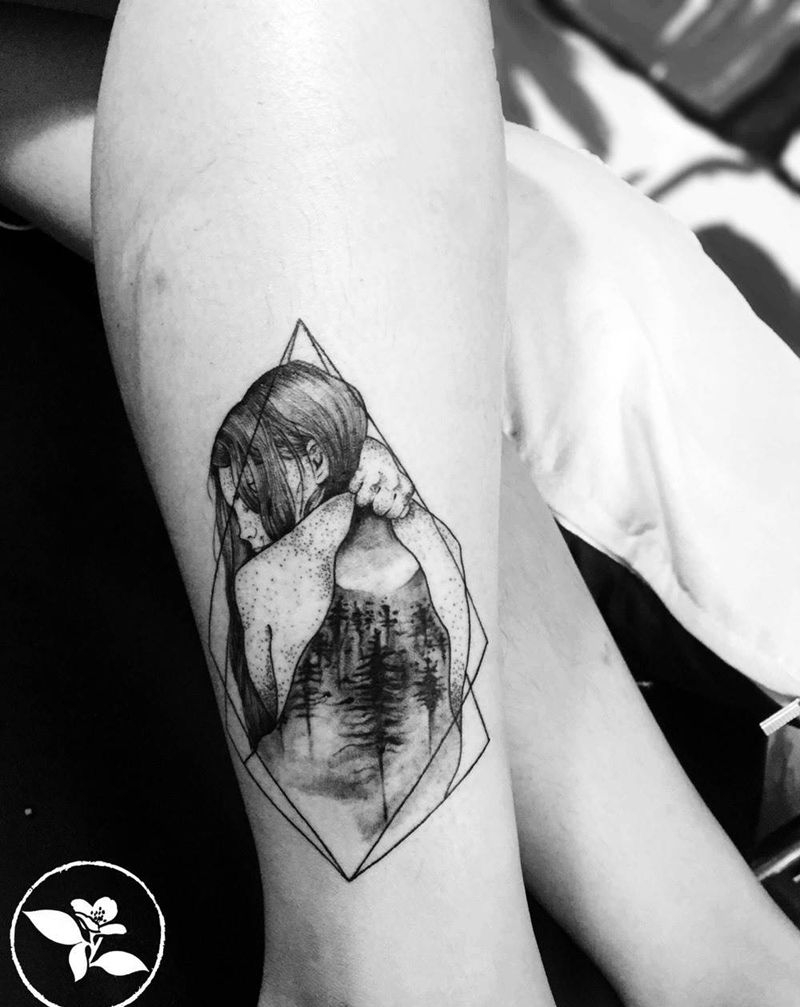 女纹身图片_插画腿部清新几何人物纹身图案