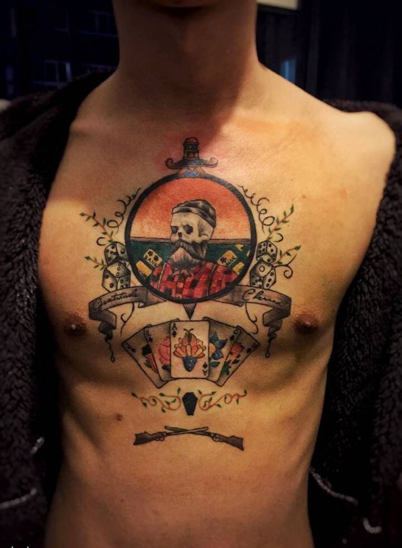 扑克花胸纹身图片_手稿成品胸部欧美清新人物原创扑克纹身图案