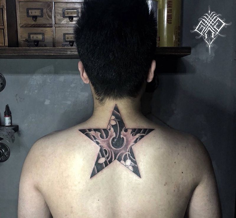 浪花遮盖纹身图片_成品颈部背部传统原创静物刺青鬼绣作品纹身图案