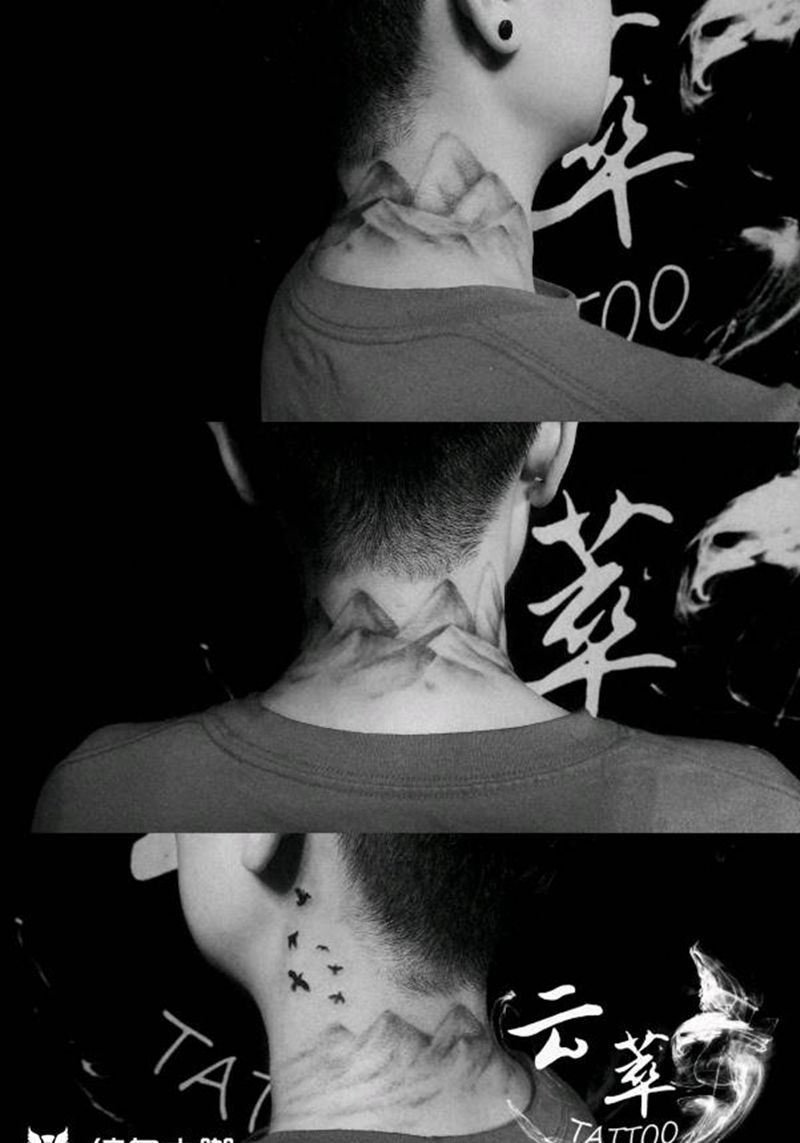 山海纹身图片_颈部水墨纹身图案