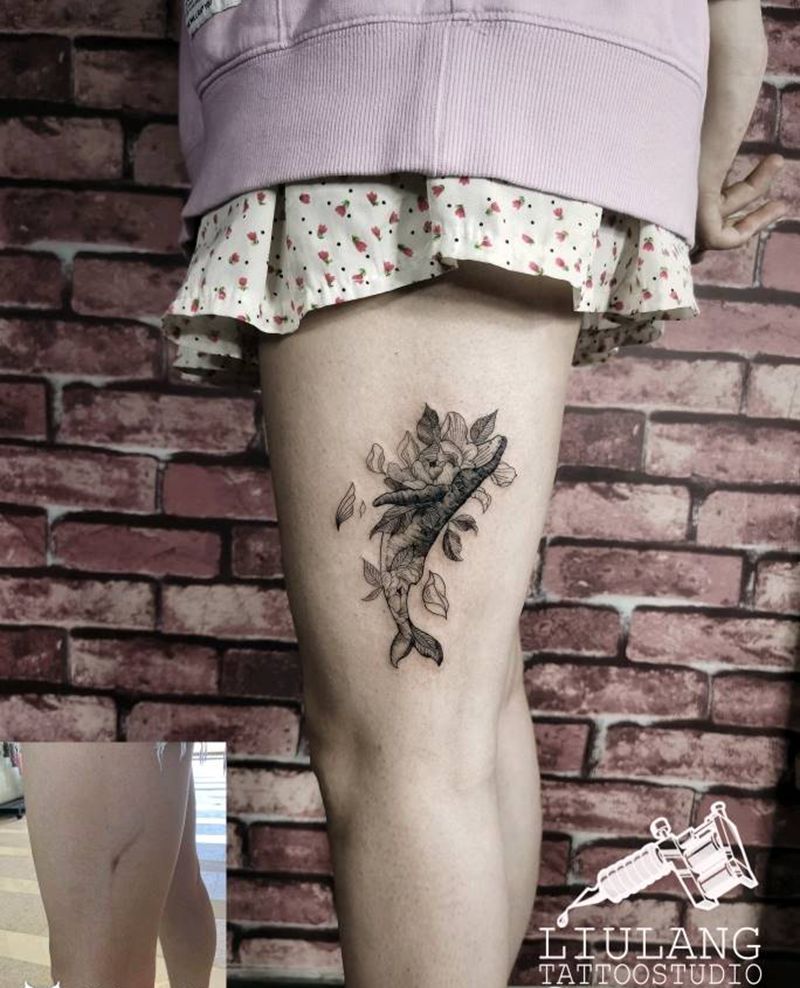 鲸鱼花遮盖纹身图片_点刺纹身图案