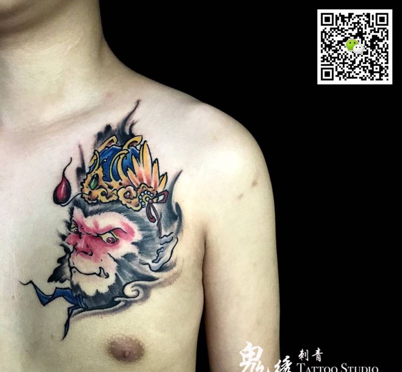 大圣纹身图片_成品胸部传统人物刺青纹身图案