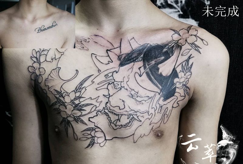 遮盖纹身图片_胸部传统鬼神成品纹身图案