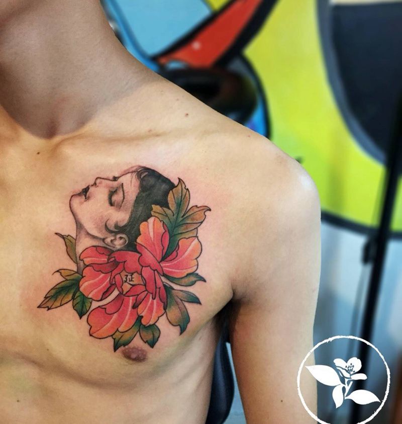 牡丹女纹身图片_成品手稿胸部清新人物纹身图案