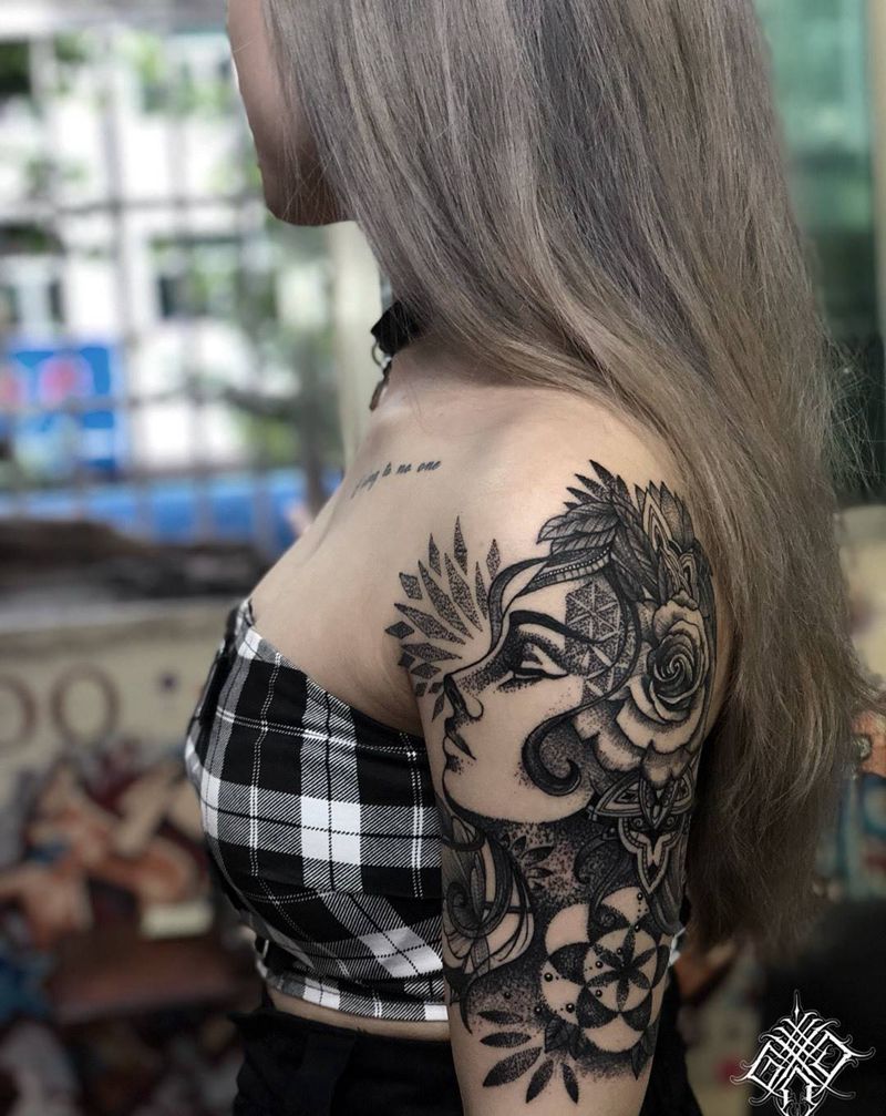 印第安女郎纹身图片_成品手臂欧美清新人物几何静物原创鬼绣纹身图案