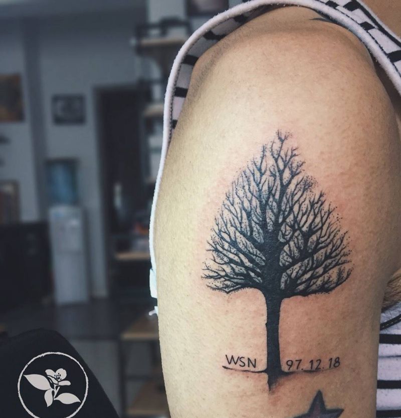 楠树纹身图片_成品手稿手臂几何植物纹身图案