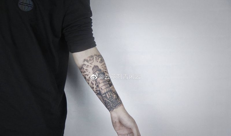 灯塔纹身图片_手臂欧美写实灯塔纹身图案