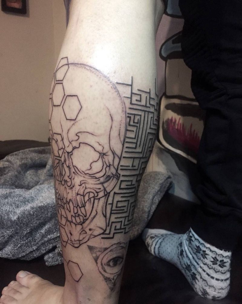 骷髅包小腿纹身图片_成品手稿腿部欧美清新几何纹身图案