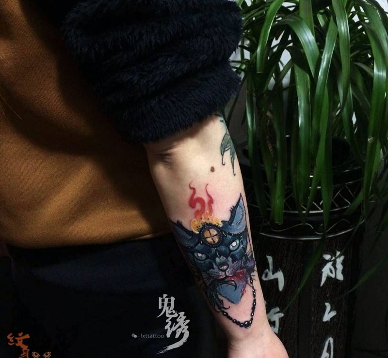 猫纹身图片_成品手臂欧美动物刺青纹身图案