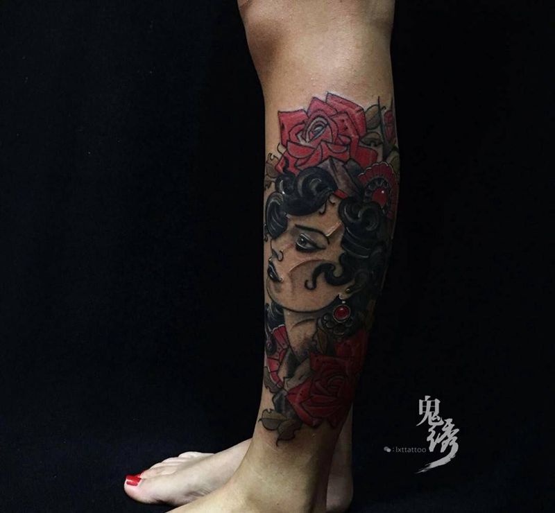 西班牙女郎纹身图片_成品腿部欧美人物刺青纹身图案