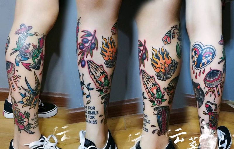 小花腿纹身图片_腿部欧美动物人物植物成品纹身图案