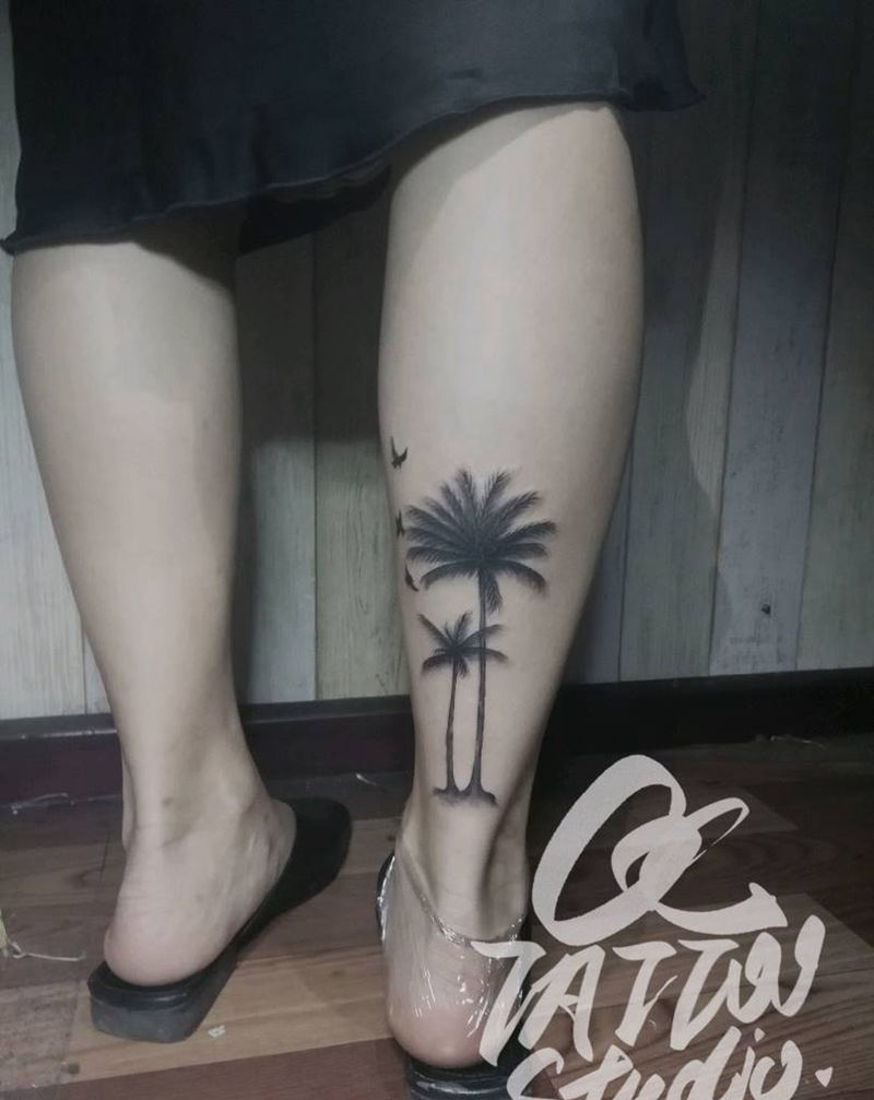 椰子树纹身图片_腿部纹身图案