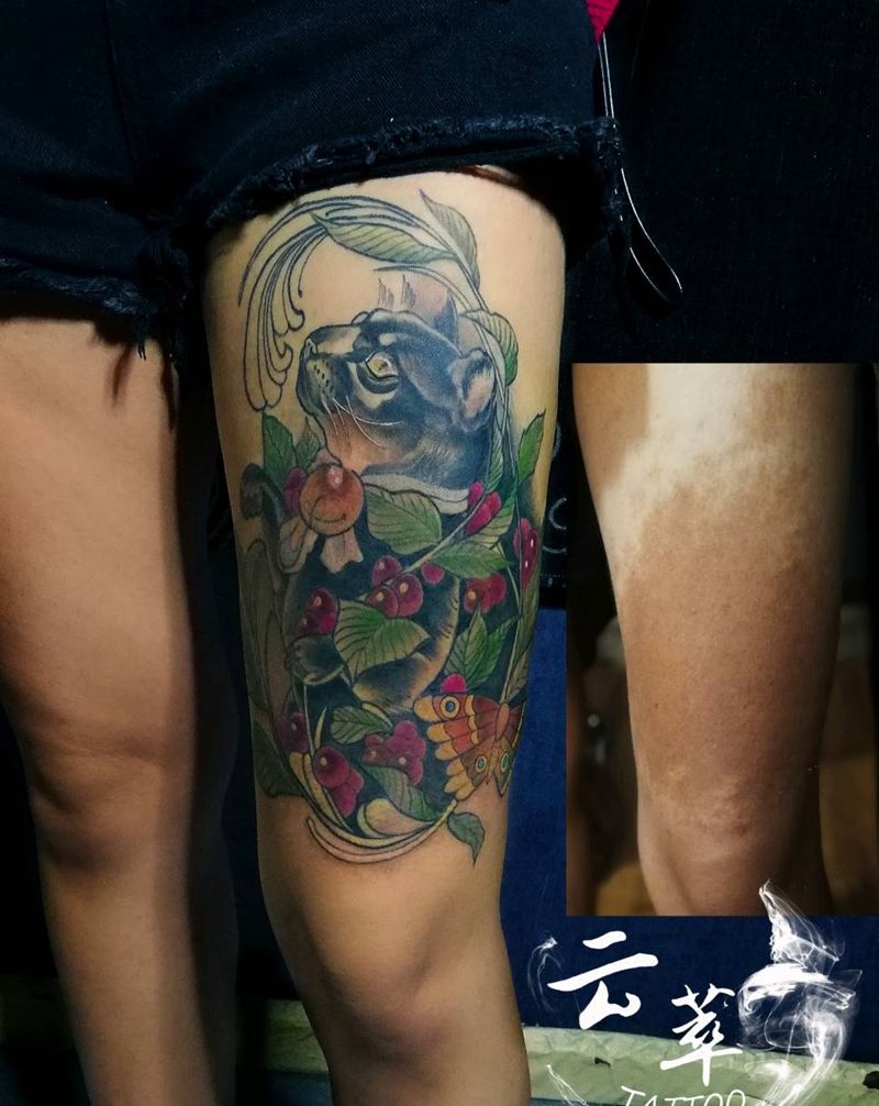 遮盖纹身图片_腿部New School猫纹身图案