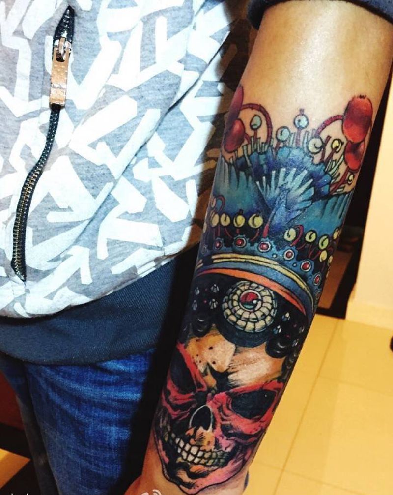 骷髅花旦纹身图片_成品手臂传统人物纹身图案