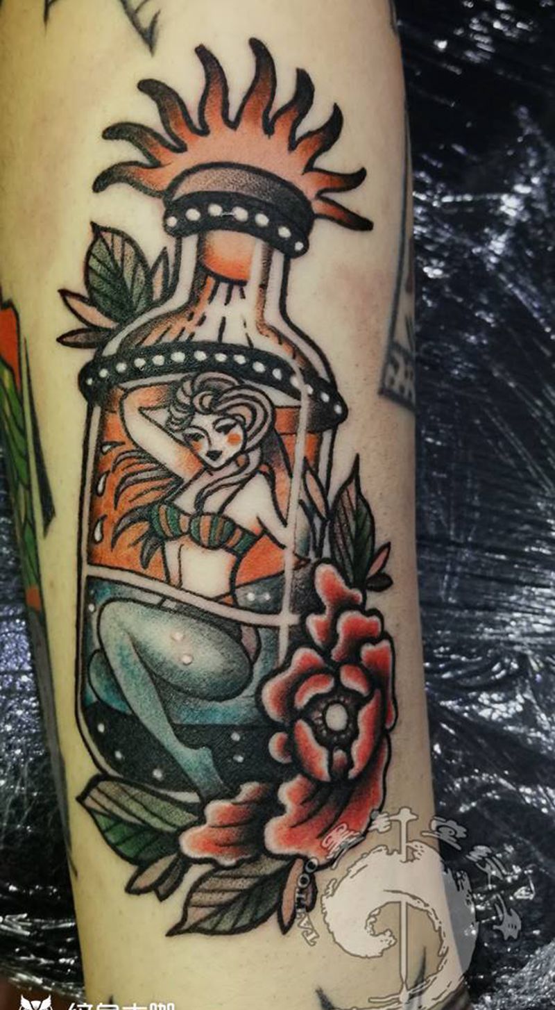 漂流瓶纹身图片_手臂手部Old School水彩纹身图案