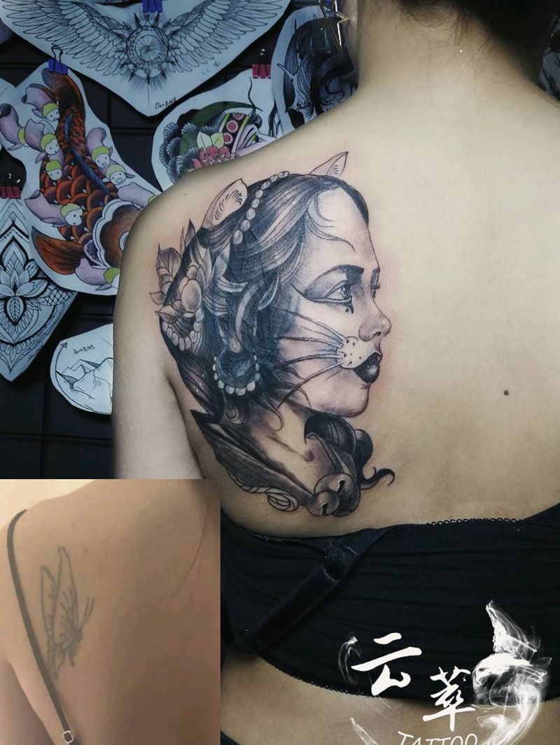 遮盖纹身图片_肩部欧美写实纹身图案