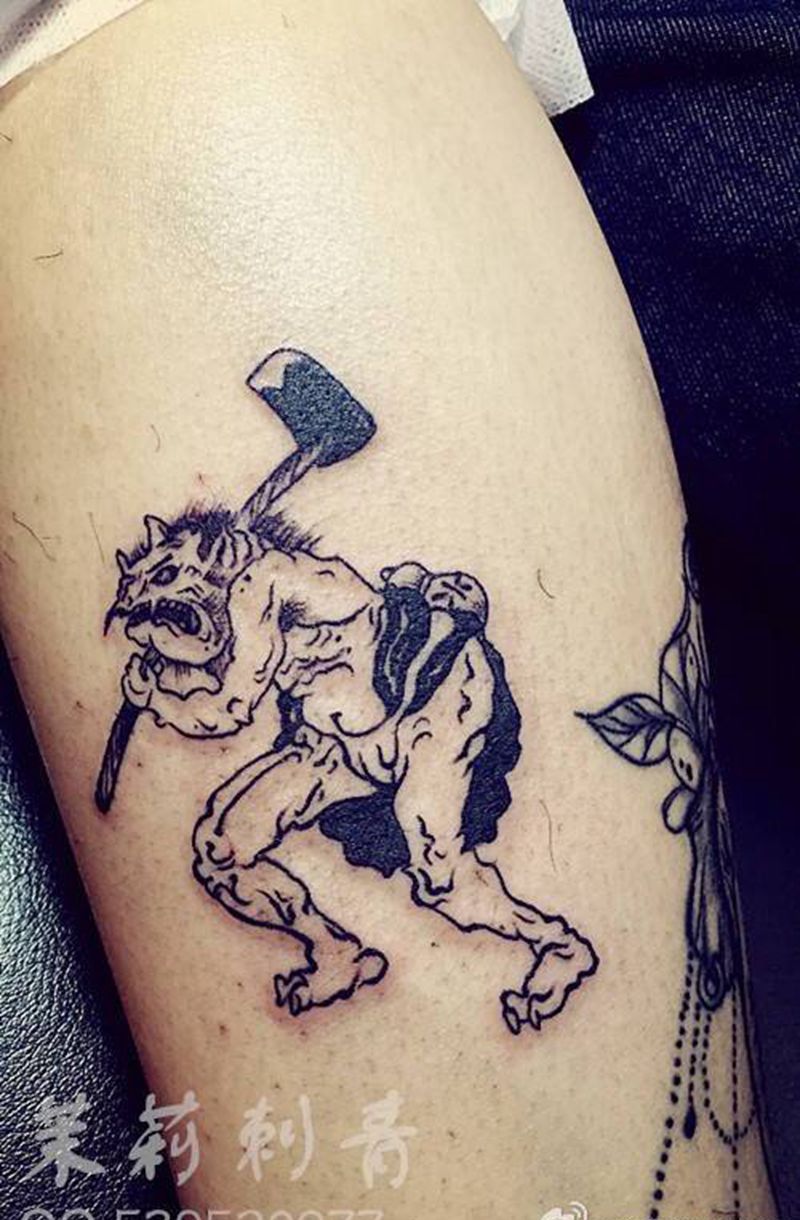 线条浮世绘纹身图片_成品腿部传统和风鬼神纹身图案