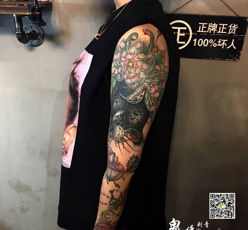 New school花臂纹身图片_成品手臂欧美原创植物动物静物刺青鬼绣作品纹身图案