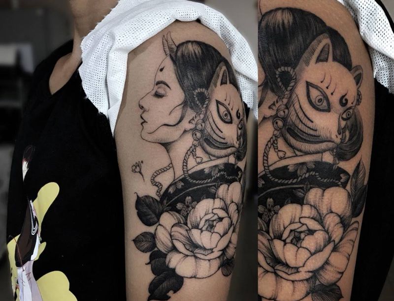 女纹身图片_手臂手部点刺欧美写实女郎艺妓纹身图案