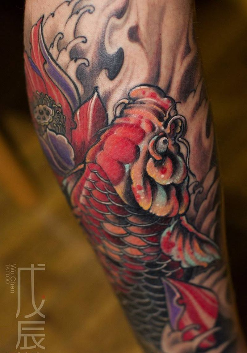 锦鲤遮盖纹身图片_成品腿部传统动物彩色水彩刺秦锦鲤刺青锦鲤日式鲤鱼纹身图案
