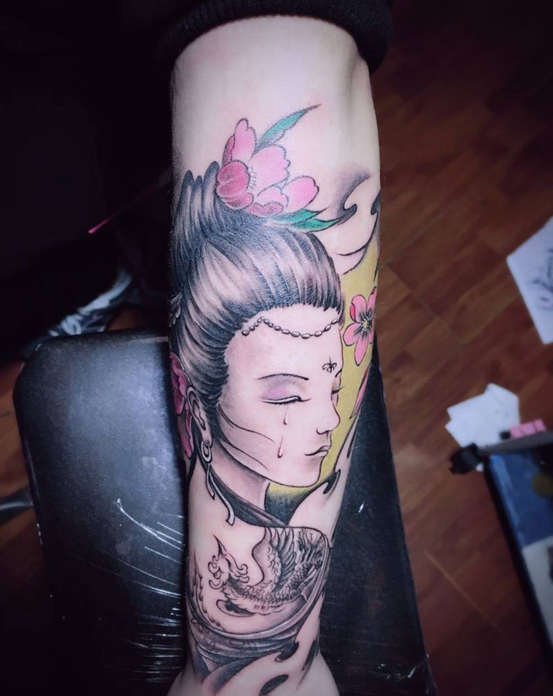 美女艺妓纹身图片_清新手臂腿部背部人物纹身图案