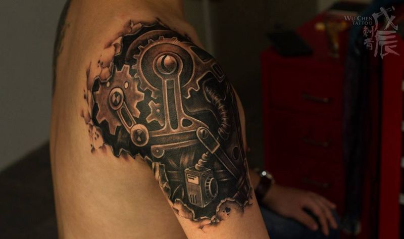 机械纹身图片_成品肩部手臂欧美素描遮盖手臂个性纹身图案