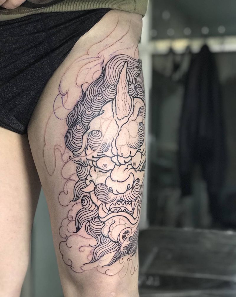 大腿唐狮纹身图片_腿部新传统纹身图案